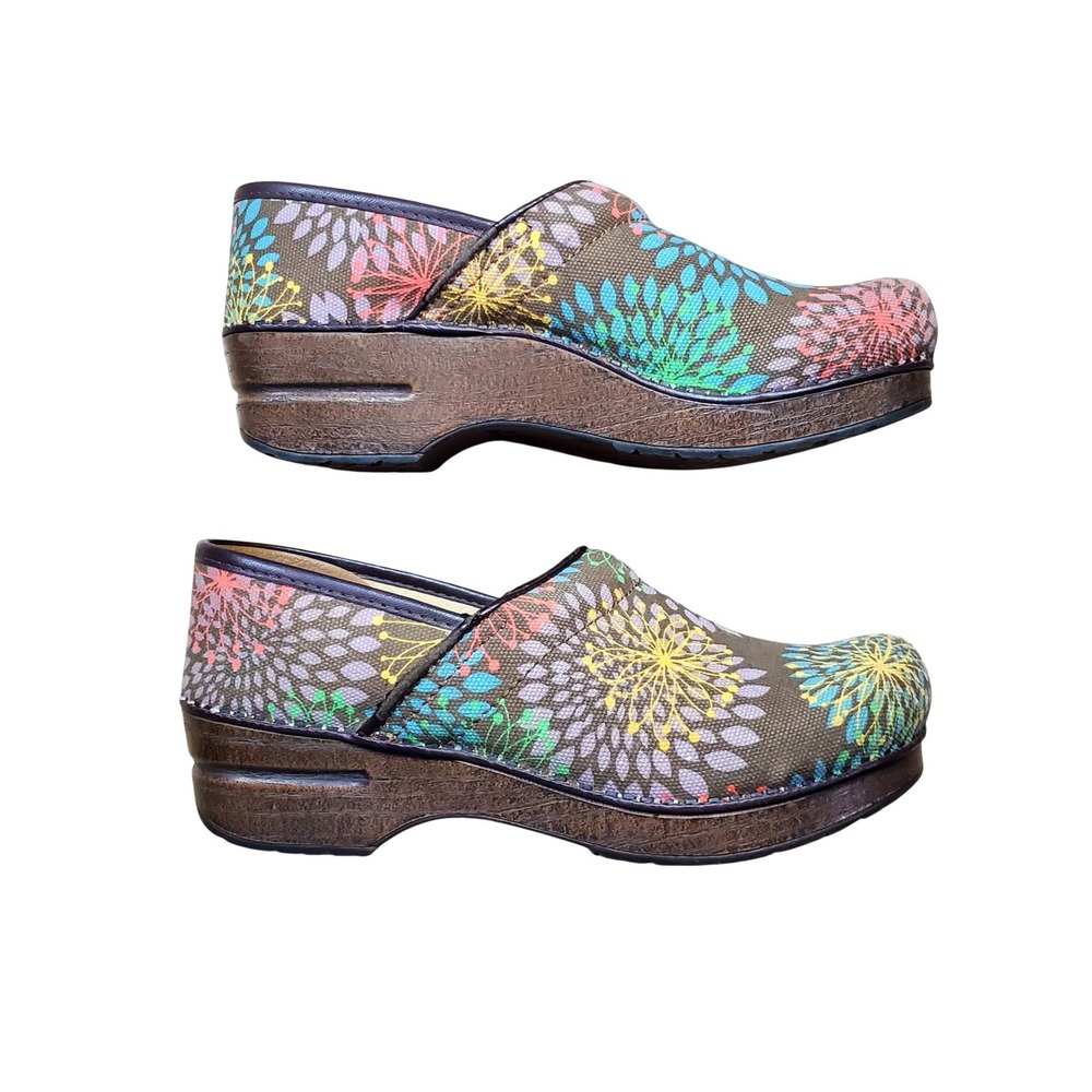 Dansko Professional Vegan Clogs Brown Multi Floral Canvas Platform Shoes Size 39